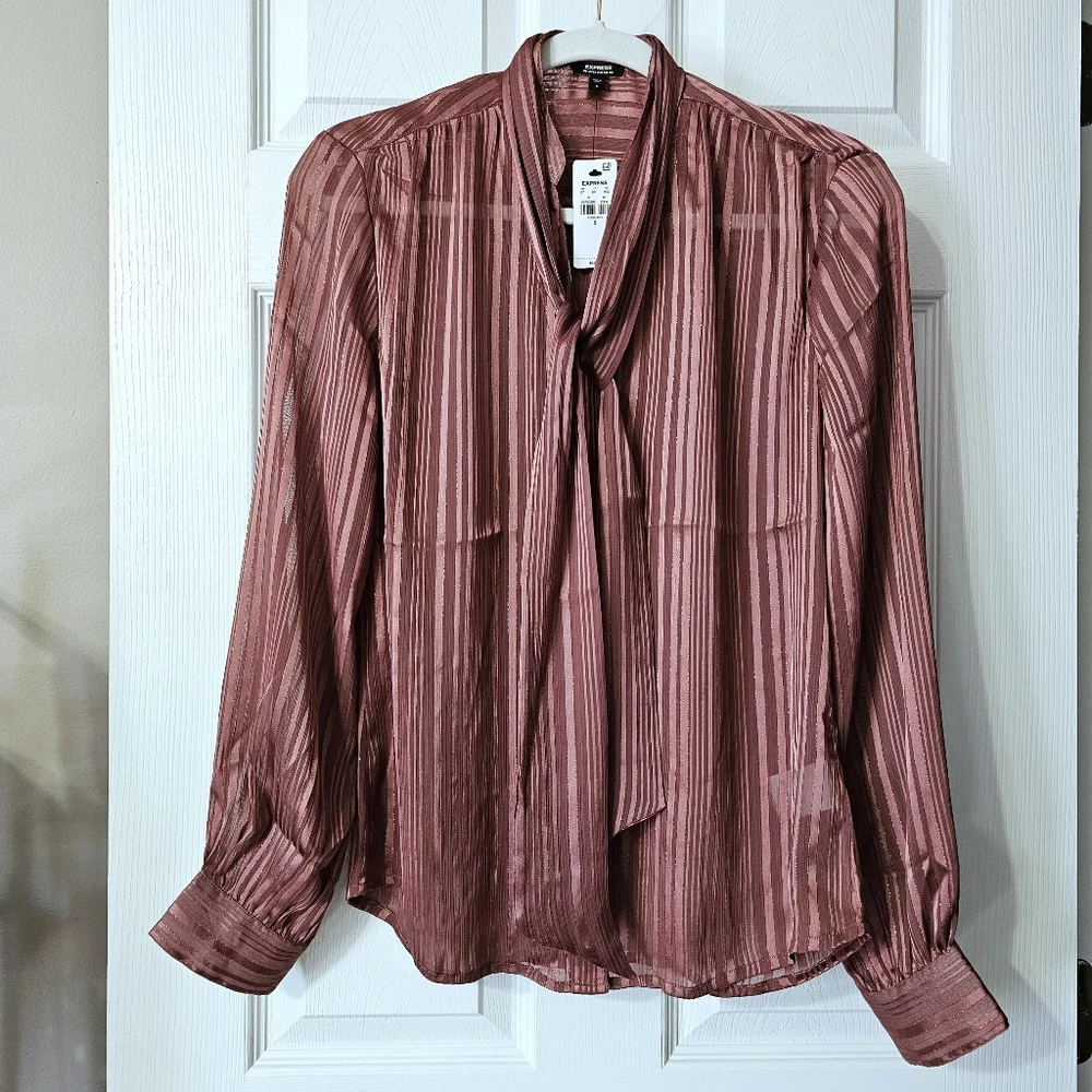 Express Tie Neck Relaxed Portofino Button Down Shirt - Size S - Picture 7 of 14